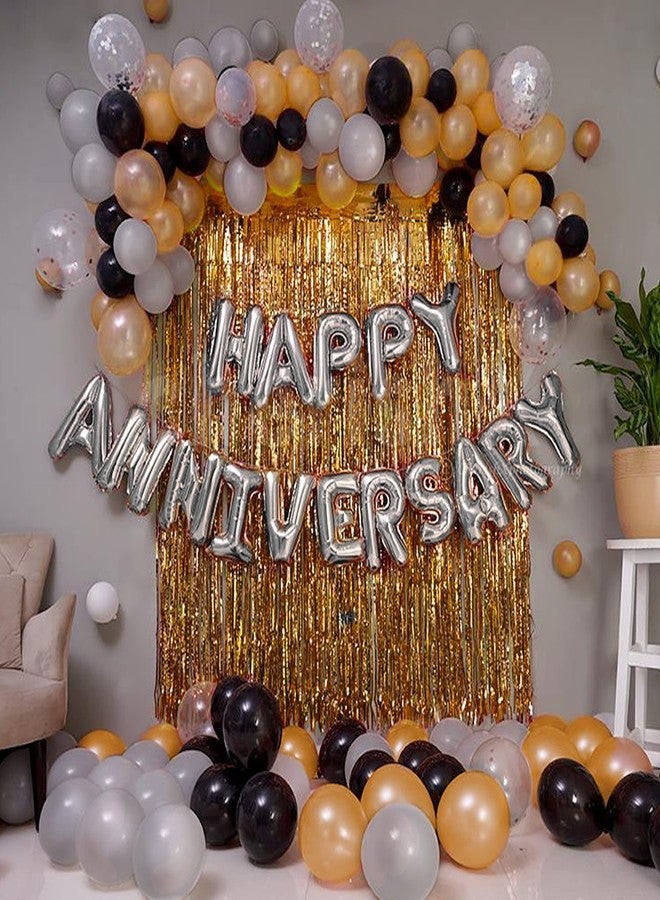Just Party Set of 63 Pcs - 15 Silver 15 Gold 15 Black Metallic Balloons, Silver Happy Anniversary Foil, 2 Golden Curtains Theme Backdrop - Image 1